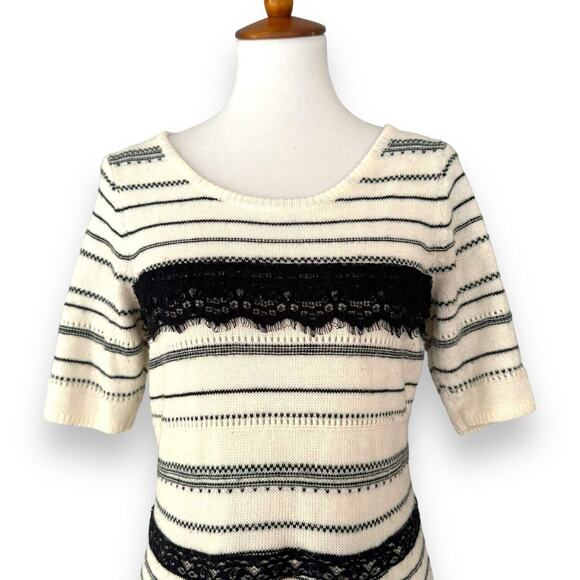 Just Taylor Women’s Sweater Dress White Black Striped Knit Lace Trim Size Large - Picture 2 of 10